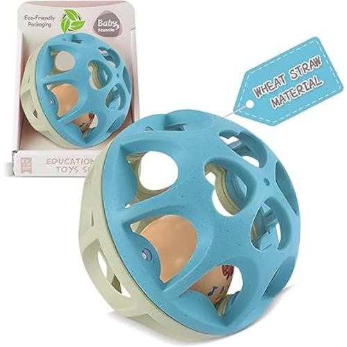 Baby Rattle Ball, Baby Teething Sensory Montessori Toys Soft Chew Toy with Rattles for Babies, Safe Wheat Straw Travel Toys Newborn Gift for Infant Boys Girls 3 6 7 8 9 10 11 12 Months