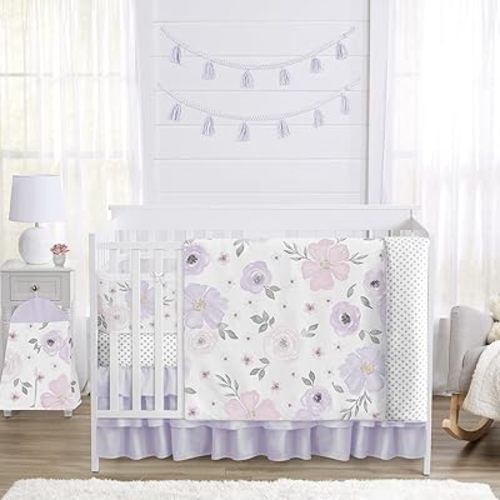 Sweet Jojo Designs Purple & Grey Boho Floral Baby Crib Bedding Set for Girls 6pc - BreathableBaby Breathable Mesh Crib Liner Nursery Blanket Sheet Skirt Diaper Stacker - Lavender Bohemian Watercolor
