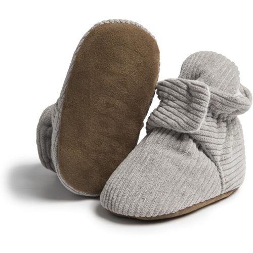 HsdsBebe Unisex Newborn Baby Cotton Booties Non-Slip Sole for Toddler Boys Girls Infant Winter Warm Fleece Cozy Socks Shoes(HM3508 grey,1)
