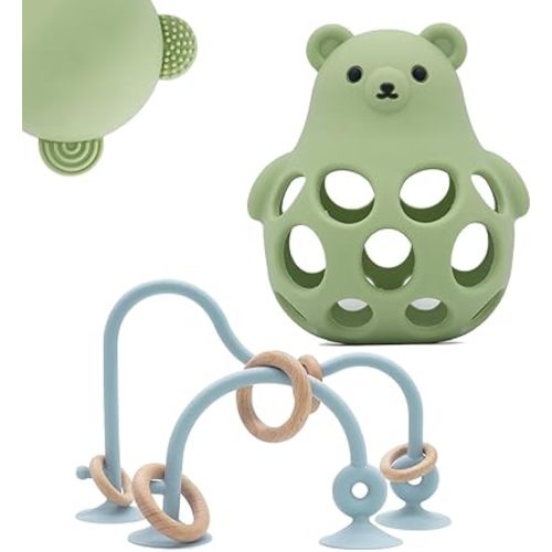 Baby High Chair Suction Toys Teething Chew - Baby Table Toys, Baby Teething Toys Silicone Teethers, Food Grade Silicon for 6 12 18 Months (Green Blue)