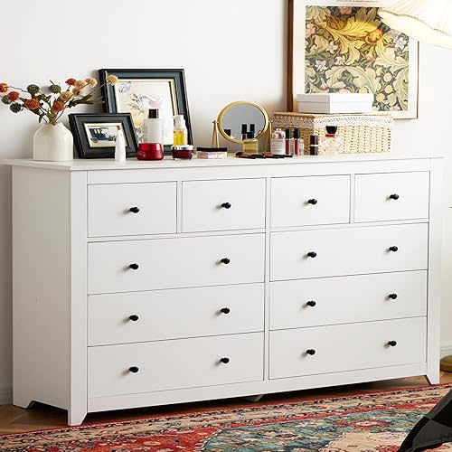 EnHomee 10 Drawer Dresser for Bedroom, Wide Chest of Drawers, Large Wooden Storage Dresser for Bedroom, Hallway，White