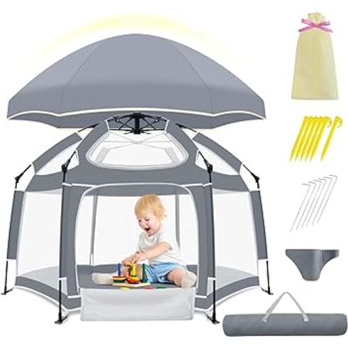 Baby Playpen with Canopy, Indoor Outdoor Playpen for Baby, Portable Baby Beach Tent, Foldable, Lightweight, Pop Up Pack and Play Toddler Play Yard w/Canopy and Travel Bag - Grey