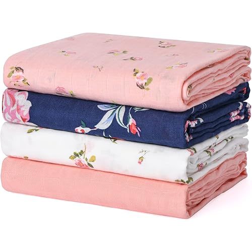 Momcozy Muslin Swaddle Blanket Baby Girl Newborn, 4 Pack Large Wrap Swaddle Blankets Soft Silky Breathable (70% Bamboo + 30% Cotton), Receiving Blanket, Floral Design