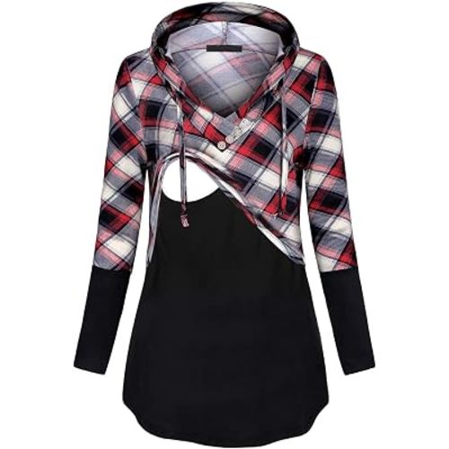 connche Quinee Plus Size Nursing Tops, Ladies Postpartum Autumn Hooded Clothes for Breastfeeding Long Sleeve Button V Neck with Drawcord Hip Length Maternity Hoodie Pullover Sweatshirts Red Black XL