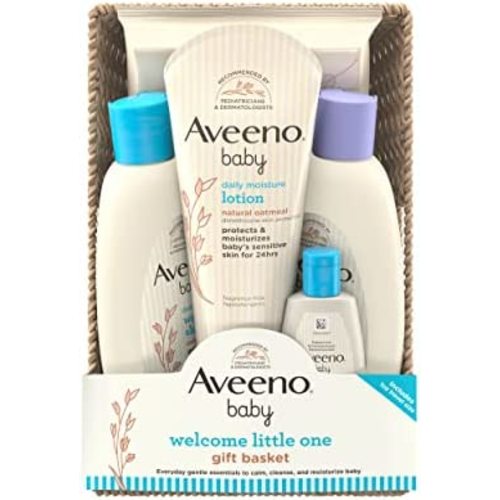 Aveeno Baby Welcome Little One Gift Basket, Baby Skincare Set with Baby Body Wash & Shampoo, Calming Bath Wash, All Over Baby Wipes, & Daily Moisturizing Lotion, 5 Items