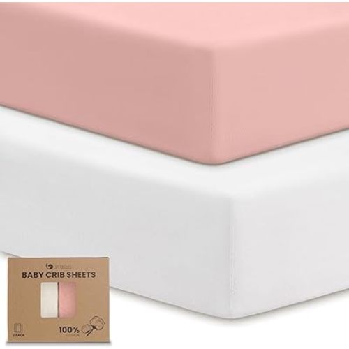 2-Pack Baby Crib Sheets Girls, Thicker 100% Organic Cotton Crib Mattress Sheets Neutral, 52”x28” Crib Sheets Fitted for Standard Crib & Toddler Bed Mattress