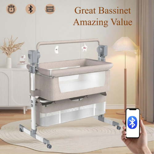 Portable Baby Bassinet Bedside Sleeper with Wheels,Canopy,Storage,Height Adjustable for Newborns/Babies/Infants(Bluetooth Enabled),Unisex,Khaki