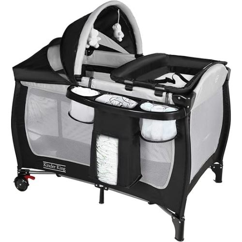 Kinder King 4 in 1 Portable Pack n Play, Baby Nursery Center Playard w/Bassinet, Large Playpen for Infant and Toddler, Newborn Changing Table, Adjustable Canopy, Storage Basket, Travel Bag, Black