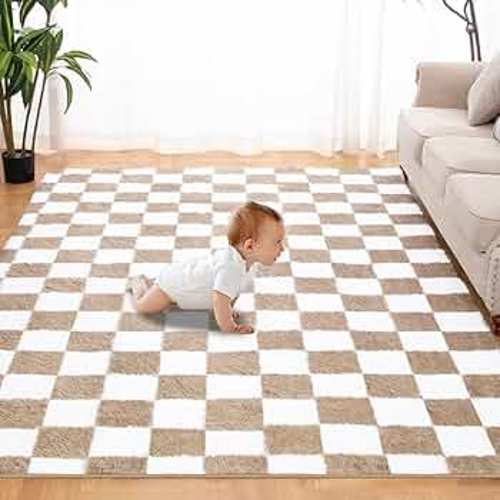 Super Soft Rug for Bedroom, 5x7 Ft Beige and White Area Rug Classic Checkered Shaggy Rug Anti-Skid High Pile Soft Fluffy Rug Fuzzy Carpet for Living Room Bedroom Kids Room Nursery, Dorm Home Decor