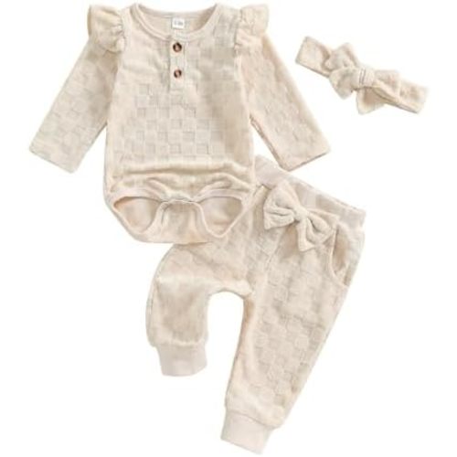 Kuriozud Baby Girl Fall Winter Clothes Ruffle Long Seeve Romper Top and Bow Pants Set with Headband Newborn Girl Outfit