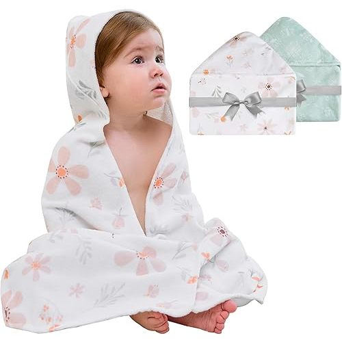 Viviland 2 Pack Hooded Baby Towels, Soft 100% Cotton Baby Bath Towels with Hood, Extra Thick and Absorbent, Essential for Newborns, Kids, Infants - Girls and Boys (Green Leaves)