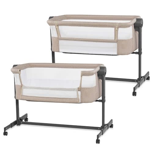 Kinderkraft Nestee UP2 Bedside Crib 2 in 1, Beige | Bed from Birth, Travel Crib for Newborn, Adjustable Height, Included Mattress Sheet, 4 Wheels, Breathable Mesh