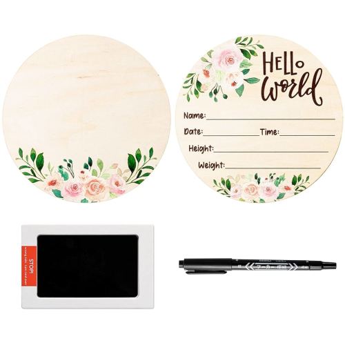 R HORSE Baby Birth Announcement Sign with Marker Pen, Pink Floral Baby Name Sign with Ink Pad for Hand and Footprints, Wooden Hello World Newborn Announcement Nursery Decor Keepsake Gifts