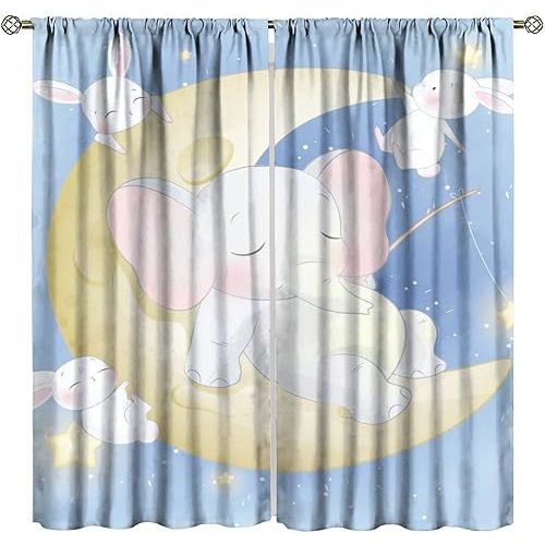 Kids Elephant Blackout Curtains Baby Boys Girls Bedroom Decor Nursery Children Cute Animal Art Printed Living Room Playroom Window Drapes, 52" W X 84" L