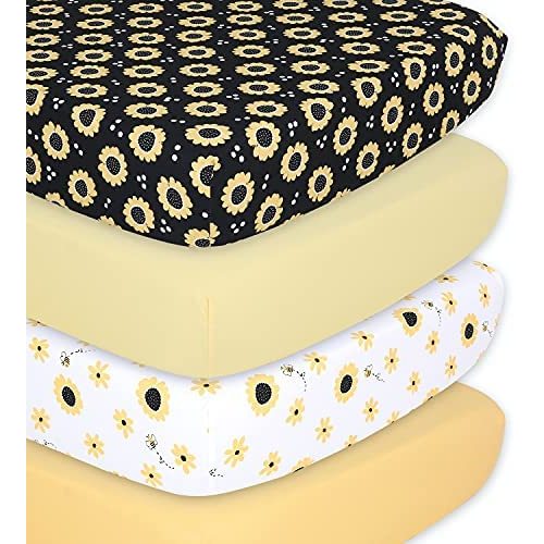The Peanutshell Sunflower & Bee Fitted Crib Sheet Set for Boys or Girls, Unisex 4 Pack, Yellow & Black Floral