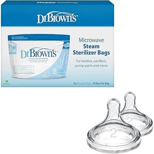 Dr. Brown's Microwave Steam Sterilizer Bags for Baby Bottles, Pacifiers, Pump Parts and Accessories, 5-Pack + Dr. Brown's Natural Flow Level 2 Wide-Neck Baby Bottle Silicone Nipple, 2 Count