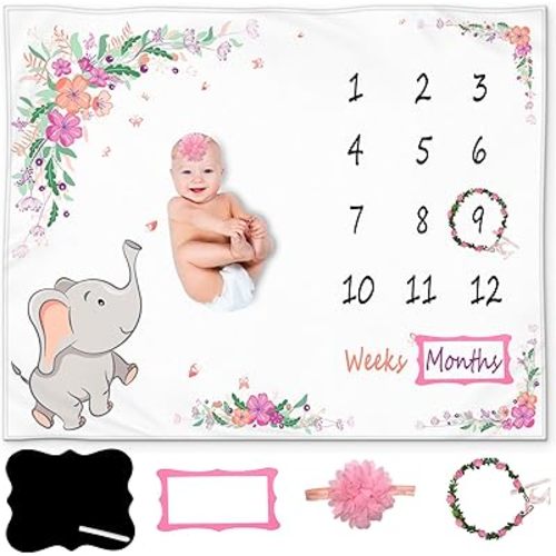 Baby Girl Milestone Blanket – Floral Elephant Design – Soft Fleece Monthly Growth Blanket with Accessories for Photos and Nursery Décor – Baby Milestone Blanket, 50x40 Inches