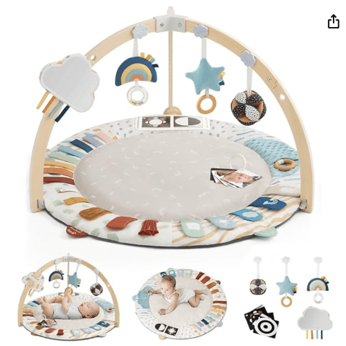 Blissful Diary Baby Play Gym & Activity Mat, 5 Developmental Zones Wooden Tummy Time Mat with 5 Detachable Sensory Toys for Motor Skills & Sensory Development, Baby Essentials Shower Gift