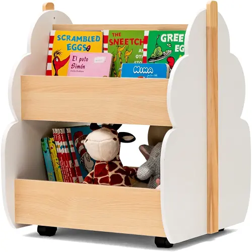 Costzon Kids Wooden Bookshelf w/Universal Wheels, 2-Tier Storage Shelf Book Rack, Toddler Bookcase Toy Organizer for Playing Room, Classroom, Kindergarten