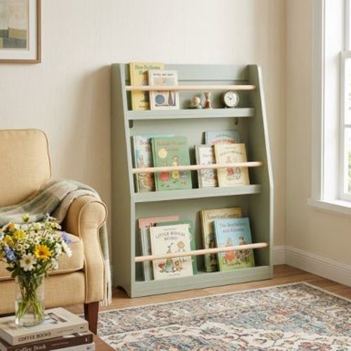 3-Tier Kids Book Shelf, Kids Book Rack With Natural Wood Retainer Rails, Slim Narrow Nursery Book & Toy Storage Shelf, Sage Green
