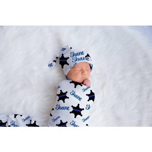 Sheriff Swaddle Set, Police Swaddle Blanket, Personalized Baby Blanket, Police Nursery Theme, Newborn Blanket, Sheriff Badge Blanket B17