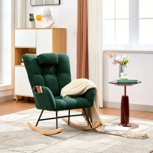 Teddy Fabric Nursery Glider Rocking Chair - High Backrest Padded Armchair with Ergonomic Support, Upholstered Rocker for Nursery - Ink Green