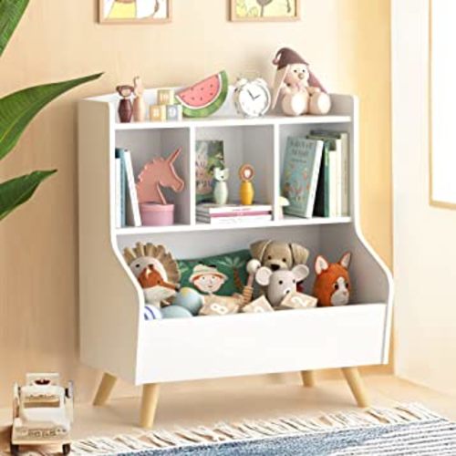 Kids Bookshelf and Toy Storage, 3-Tier Wooden Open Bookcase, Baby Book and Toy Storage Display Organizer with Spacious Top Shelf Children, Friends, Family, White