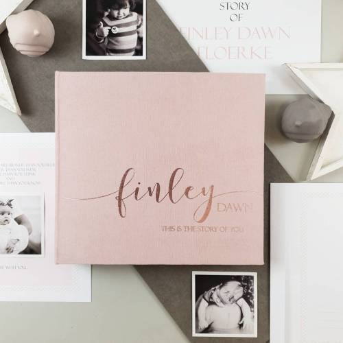 First Year Baby Memory Book As Modern Baby Shower Gift, Baby Pink Photo Album For Baby With Foil Rose, Personalized Baby Book, Story Of You