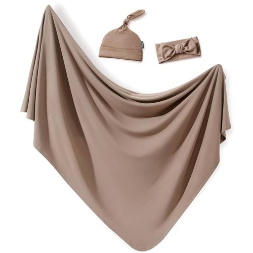 GRSSDER Newborn Swaddle Blanket, Ultra Soft Jersey Receiving Blanket with Matching Headband and Beanie Set 33×44", Stretchy Baby Neutral Swaddle Wrap for Girls and Boys