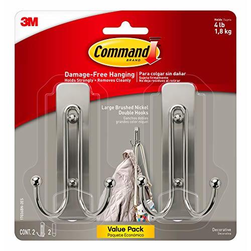 Command Large Brushed Nickel Double Hooks, 2 Hooks and 2 Command Strips, Damage Free Hanging Wall Hooks with Adhesive Strips, No Tools Coat Hooks for Hanging Home Decor, Holds up to 4 lb