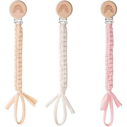 Pacifier Clip for Boys Girls Pacifier Holder Leash Boho Rainbow Wooden Clips Handmade Braided Cotton Unisex Baby Shower Birthday Gift Christmas Gift