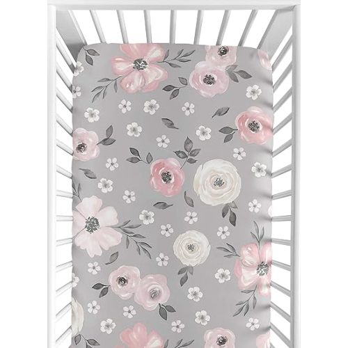 Sweet Jojo Designs Grey Watercolor Floral Girl Fitted Crib Sheet Baby or Toddler Bed Nursery - Blush Pink Gray and White Shabby Chic Rose Flower Farmhouse