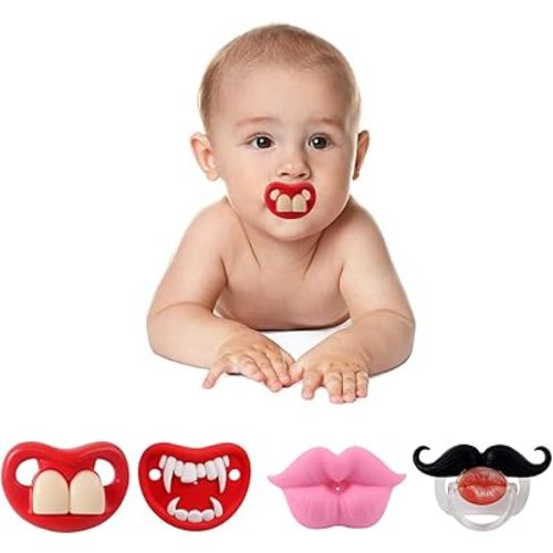 4-Pack Funny Baby Pacifier, Cute Kiss Lips Mustache Binkies, Fake Big Teeth Binky Bucktooth Halloween Pacifiers for Babies 0-36 Months, Silicone Nipple Baby Binkies, BPA-Free, Gift for Infants