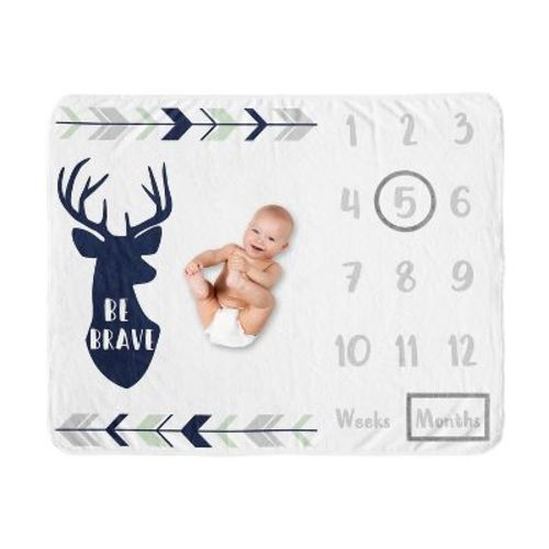 Sweet Jojo Designs Gender Neutral Baby Milestone Blanket Woodsy Blue Grey and Green