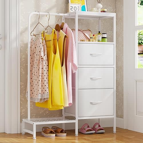 3 Fabric Drawers Dresser with Hanging Rack & Open Shelf, Tall Dresser & Chest of Drawer with Clothes Rack for Bedroom, Closet, Entryway, White