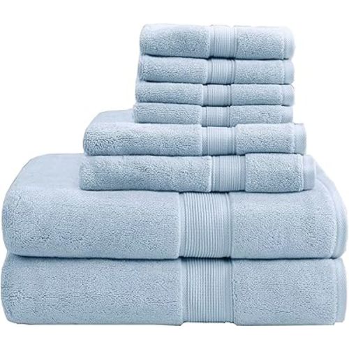 Madison Park 800GSM 100% Cotton Luxurious Bath Towel Set, Multi-Sizes, Light Blue 8 Count