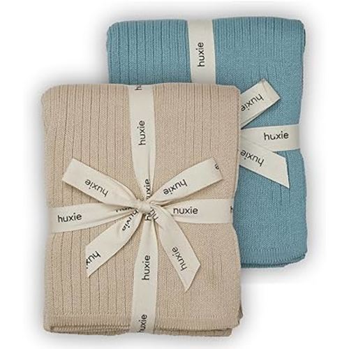 Denmark - Knitted Baby Blankets - Soft and Cozy 100% Organic Cotton Receiving Baby Blanket for Boys and Girls - Ideal for Stroller and Crib, 30 x 40 inch - 2-Pack (Fog and Polar Blue)
