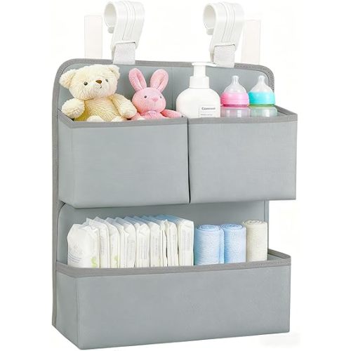 Hanging Diaper Organizer for Bassinet/Crib/Playpen/Playard – Hold 80+ Diapers - Changing Table Diaper Holder Attachment Accessories- Diaper Stacker Nursery Caddy Organizer - Grey