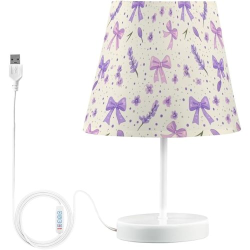Bows Purple Table Lamp Lavender Bedside Lamps LED Night Light with USB Charging Port Dimmable for Bedrooms, Living Rooms,Kids Room, Study Rooms, Offices, Dorm