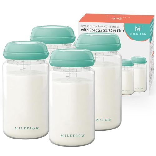 Breast Milk Storage Bottles, 4 Pack 10oz/300ml Wide Neck BPA-Free Plastic Bottles for Pumping, Compatible with Spectra S1/S2/9 Plus/SG & Motif Luna, Leak-Proof Lids for Storage, Feeding & Travel