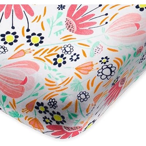 HonestBaby Fitted Crib Sheets Fits Standard Mattress Bassinet, Mini Prints 100% Organic Cotton Baby Boys, Girls, Unisex, Flower Power, One Size