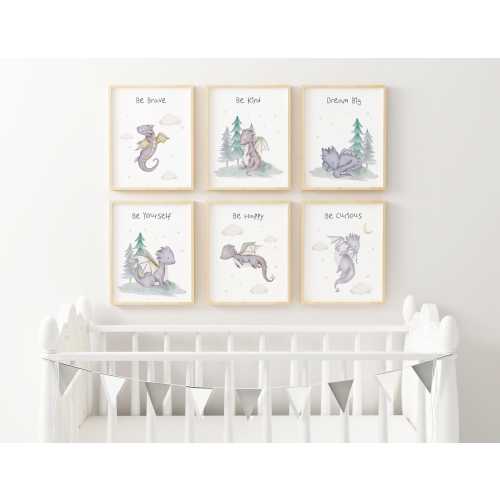 Watercolor Dragon Nursery Wall Art Cute Fantasy Print Inspiring Quotes Purple Kids Room Decor Whimsical Nursery Magical Art Set of 6 DRK6-A6