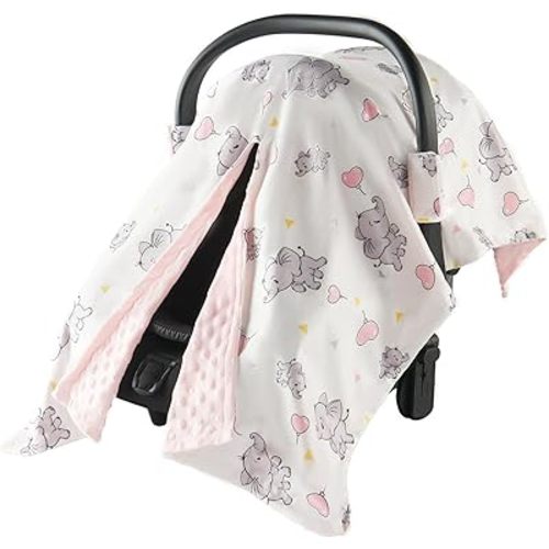 Baby Car Seat Cover - Ultra Soft Minky Cover for Baby Girl with Snap Peekaboo Opening, 3-in-1 Multi-Use Stroller Cover, Nursing Cover & Plush Infant Blanket, Newborn Essential (Pink)