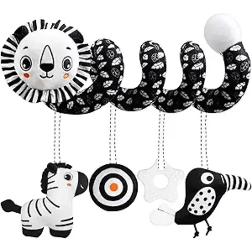 Baby Carseat Toy Black & White Rattle Spiral Hanging Activity Stroller Toy for Newborns Boys and Girls - Lion
