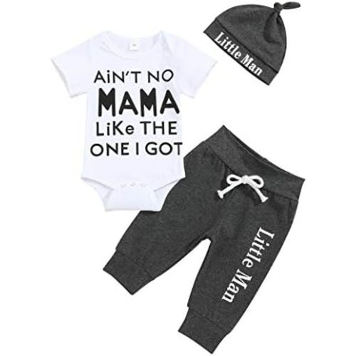 TUEMOS Newborn Infant Baby Boy Clothes Letter Print Romper Pants Set Hat 3PC Outfits Set