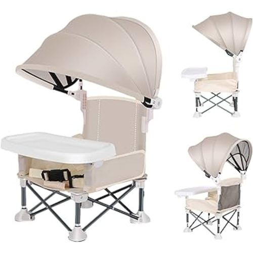 Foldable Baby Travel Seat Booster With Canopy And Removable Tray, Portable Baby Travel Seat Booster, Toddler Camping Chair, Folding Dining Chair, Feeding Chair For Picnic, Beach, Lawn