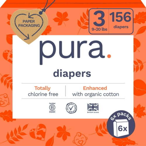 Pura Sensitive Soft Sustainable Baby Diapers Size 3, 156 Count (Choose Your Size and Count)