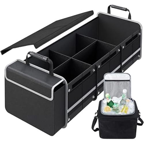 Car Trunk Organizer with Insulated Leakproof Cooler Bag, 4 in 1 Waterproof Portable Car Storage Organizer with Collapsible Cover, 3 Large Compartments, Trunk Organizer for Car, SUV, Truck