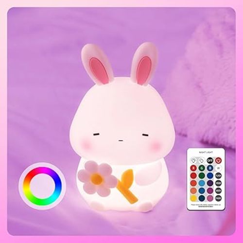 Bunny Night Light for Kids,7 Color RGB Cute Rabbit Soft Silicone Lamp, Baby Nursery Nightlight, Touch Dimmable, 1200mah Battery, Kawaii Stuff Gift for Girl,Boy,Toddler