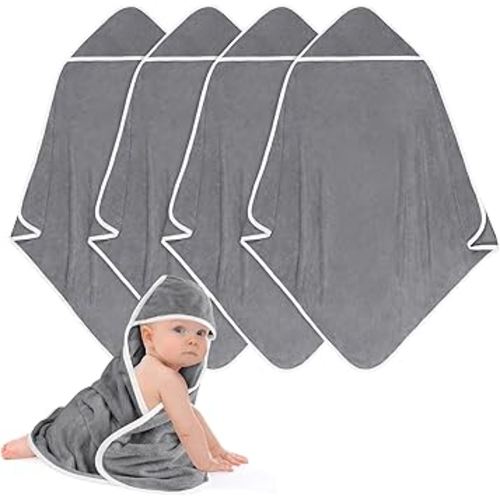 Hooded Towel for Newborns, 4 Pack Soft Coral Fleece Baby Bath Towels, Ultra Absorbent Baby Towels Bulk for Infants, Toddlers, Newborn Essential- 30 x 30 inch - Grey
